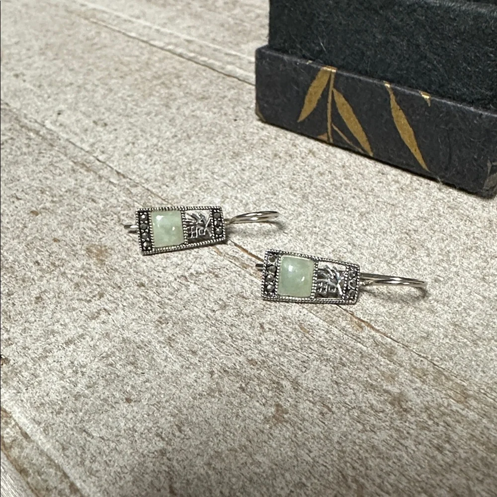 Sterling silver 925 greatshape jade green marcasite Chinese blessing earring - Picture 3 of 5